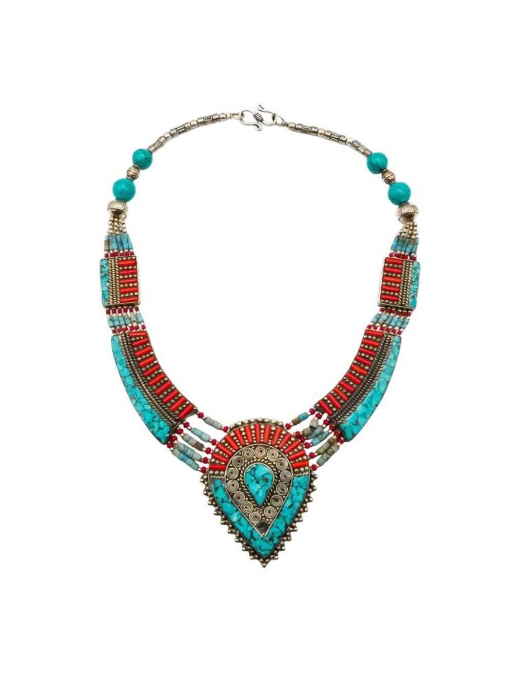 Vintage Tibetan Turquoise Coral Style Ethnic Tribal Bib Statement Necklace 17.5